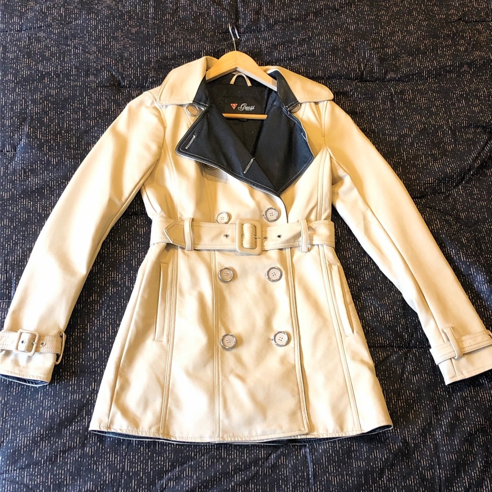GUESS Faux Leather Double Breasted Trench Coat